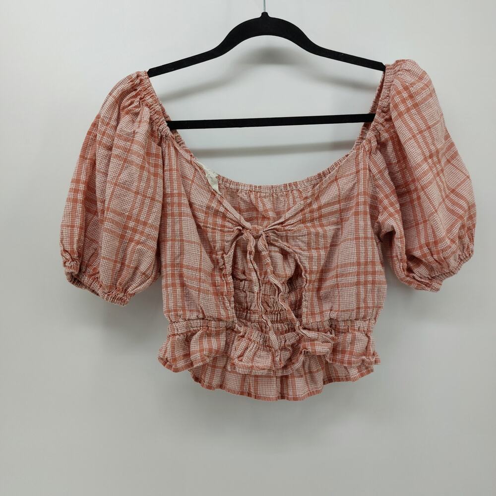 Sim & Sam Women's Top 90s Y2K Smocked Plaid Pink Shortsleeve